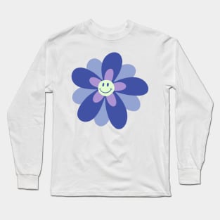 Bright and Cheerful Flower Smiley Face - blue Long Sleeve T-Shirt